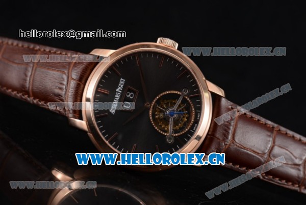 Audemars Piguet Jules Audemars Tourbillon Swiss Tourbillon Manual Winding Rose Gold Case with Black Dial Stick Markers and Brown Leather Strap (FT) - Click Image to Close